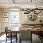Dining room table, chairs, funky modern chandelier